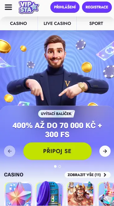 Mobilní verze Vipsta Casino v prohlížeči telefonu