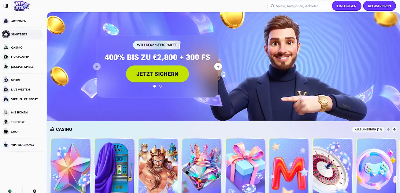 Herní lobby Vipsta Casino s uvítacím balíčkem 400 % a 300 free spinů