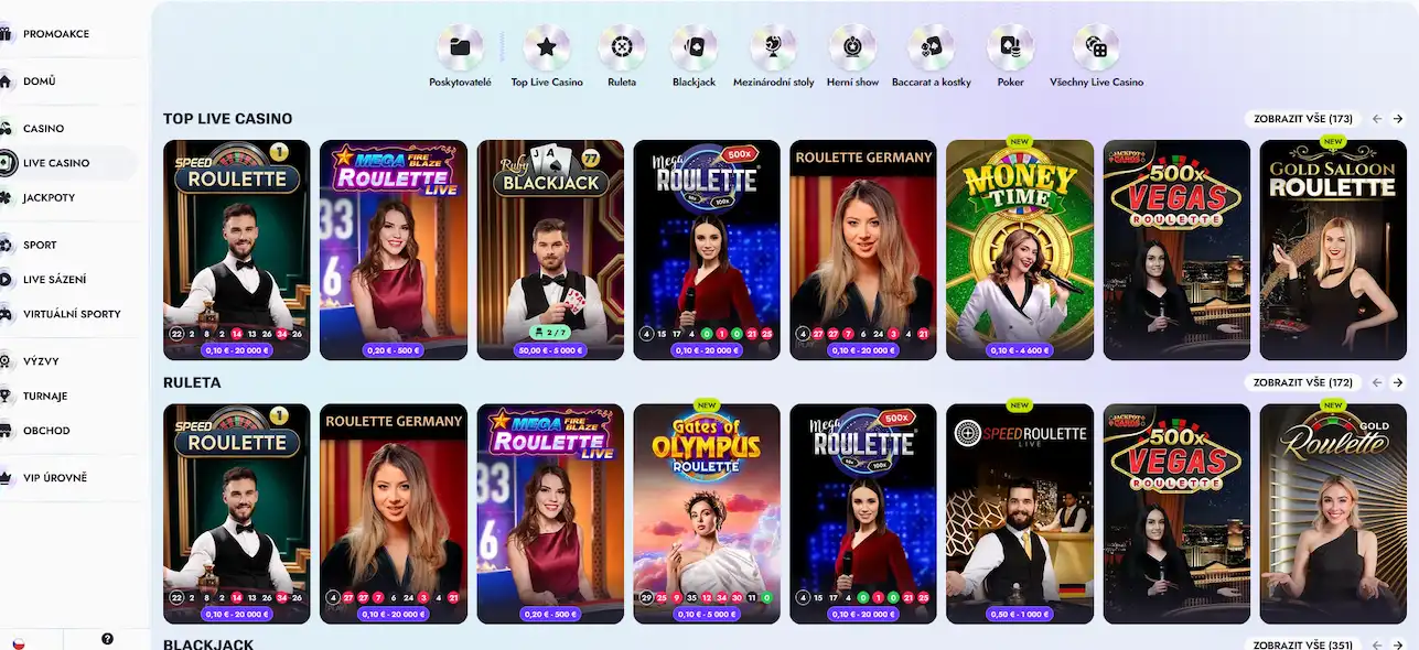 Sekce živého kasina Vipsta Casino se stoly rulety, blackjacku a herních show