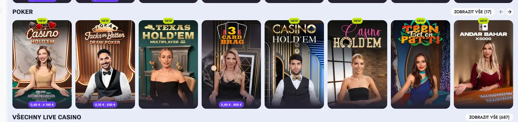 Živé pokerové stoly ve Vipsta Casino včetně Casino Hold'em a Texas Hold'em