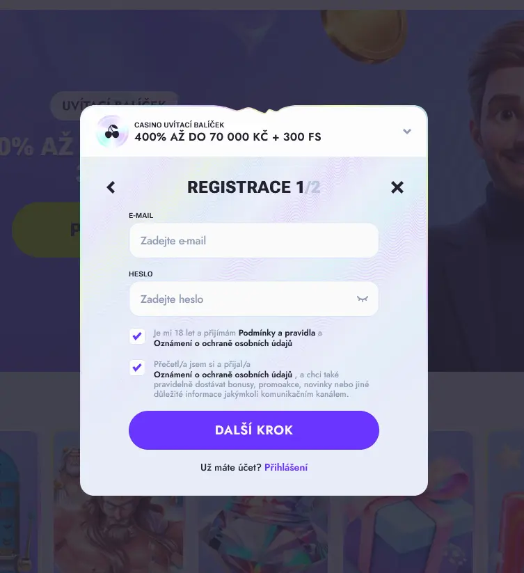 Registrační formulář Vipsta Casino s uvítacím balíčkem