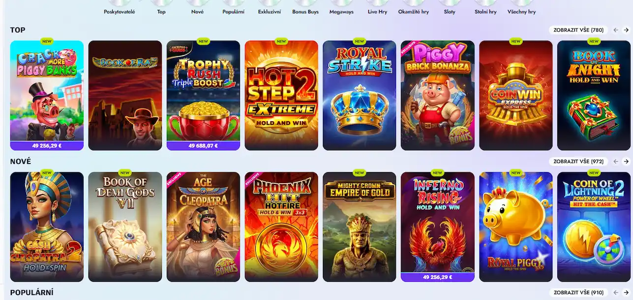 Katalog výherních automatů Vipsta Casino s kategoriemi Top, Nové a Populární
